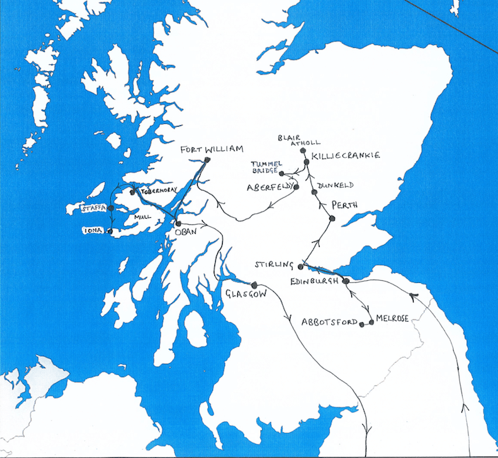 Map of Scotland showing route taken by Mendelssohn in 1829